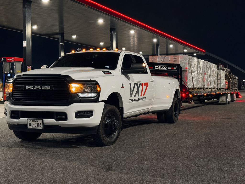White RAM 3500 dually branded with VX17 Transport pulling a loaded gooseneck trailer at a truck stop at night