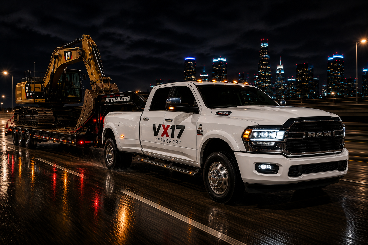 White RAM 3500 dually branded with VX17 Transport hauling a CAT excavator on a lowboy trailer at night