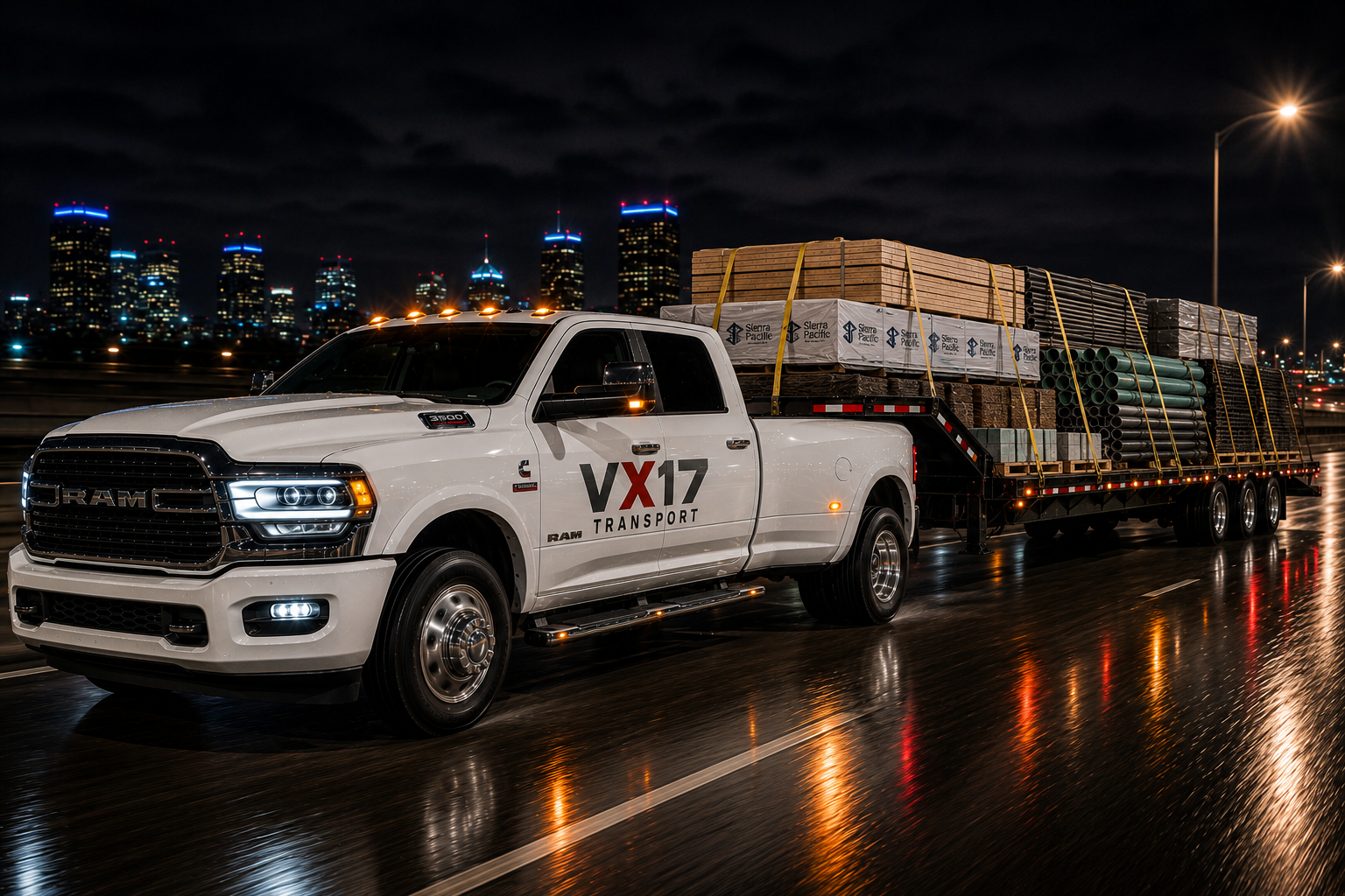 White RAM 3500 dually branded with VX17 Transport hauling strapped palletized freight on a flatbed at night