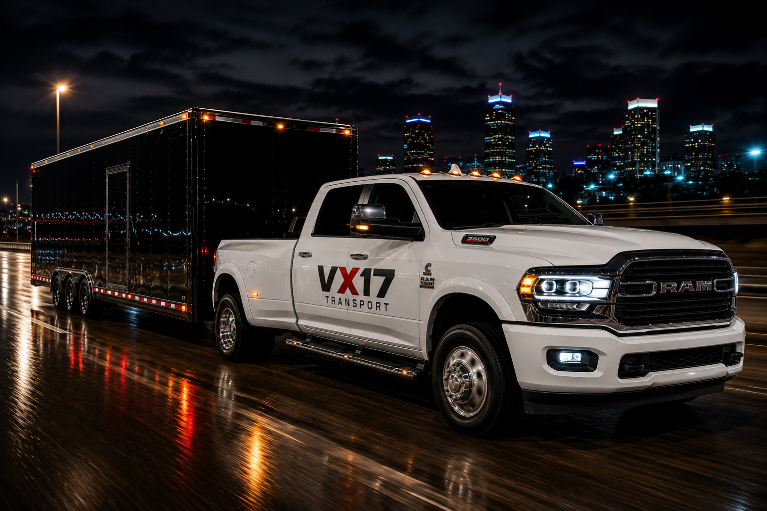White RAM 3500 dually branded with VX17 Transport hauling a black enclosed cargo trailer past a city skyline at night