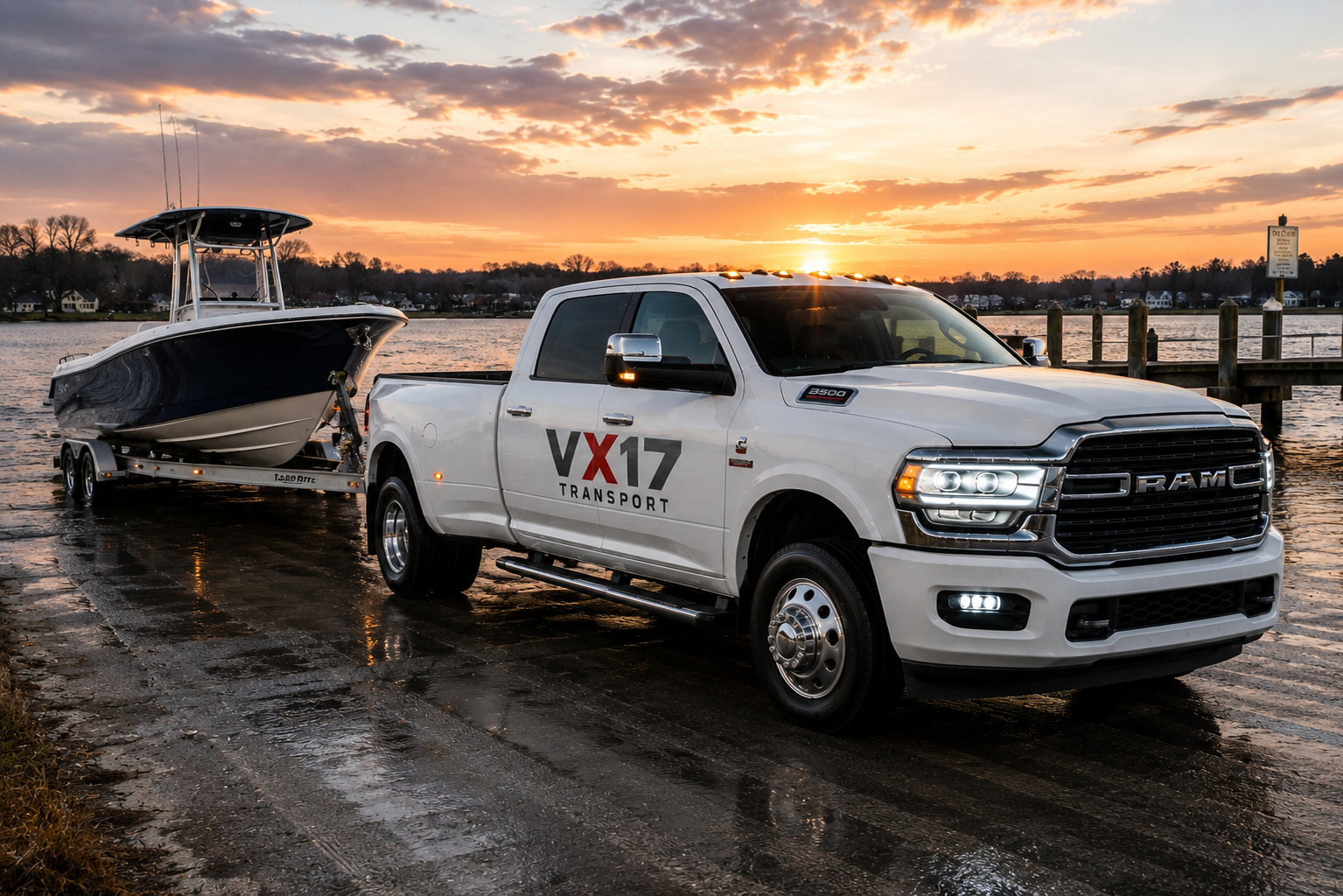 White RAM 3500 dually branded with VX17 Transport towing a boat on a trailer at sunset by the water