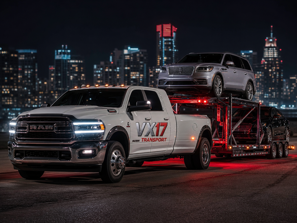 White RAM 3500 dually branded with VX17 Transport pulling a loaded car hauler past a city skyline at night