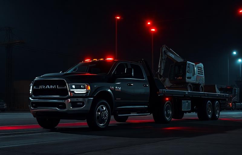 Black RAM 3500 dually transporting heavy equipment on a flatbed trailer at night