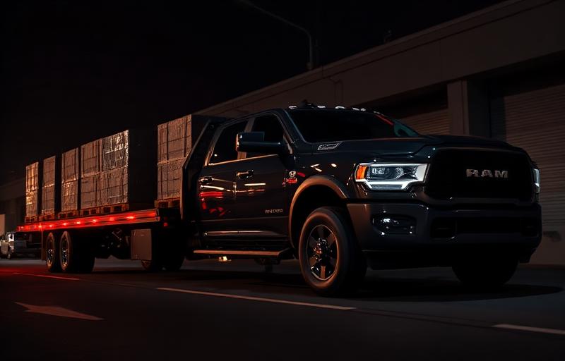 Black RAM 3500 dually loaded with palletized LTL freight on a flatbed at night