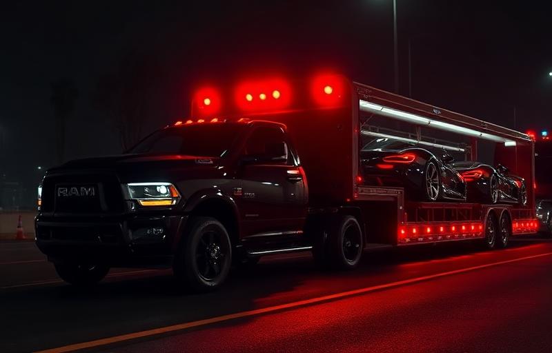 Black RAM 3500 dually hauling vehicles on an enclosed car trailer at night